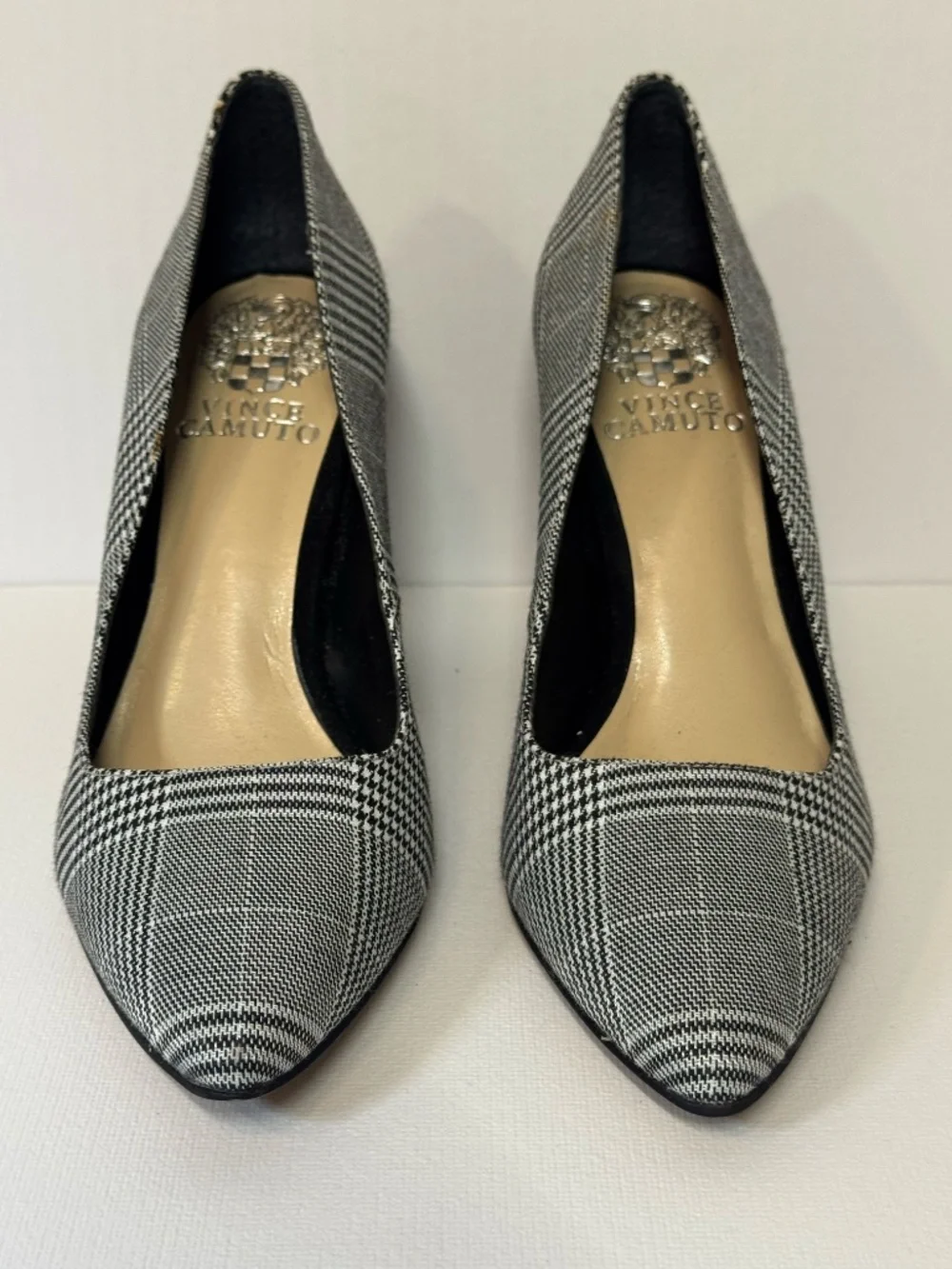 Vince Camuto Plaid Block Heel Pumps Size 6.5 Black White Glen Plaid Pointed Toe